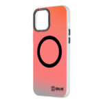 Juodas dėklas Apple iPhone 12 Pro Max ObalMe HoloMag su ryškiai oranžiniu ir rožiniu gradientu bei juodu apskritimu