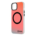 Juodas dėklas Apple Iphone 14 OBALME HoloMag su ryškiu gradientiniu raudonos ir šviesiai pilkos spalvos fonu ir juodu apskritimu