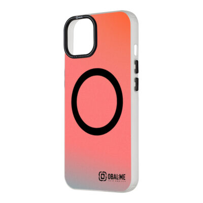 Juodas dėklas Apple Iphone 14 OBALME HoloMag su ryškiu gradientiniu raudonos ir šviesiai pilkos spalvos fonu ir juodu apskritimu