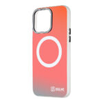 Baltas dėklas Apple Iphone 15 Pro Max su ryškiai oranžiniu gradientu ir balta magnetinio įkrovimo žyma