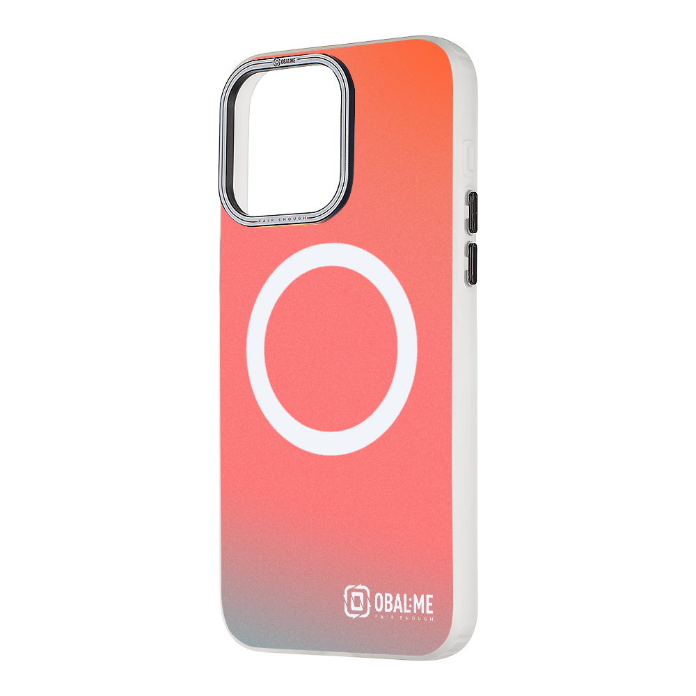 Baltas dėklas Apple Iphone 15 Pro Max OBALME HoloMag Baltas dėklas Apple Iphone 15 Pro Max su ryškiai oranžiniu gradientu ir balta magnetinio įkrovimo žyma