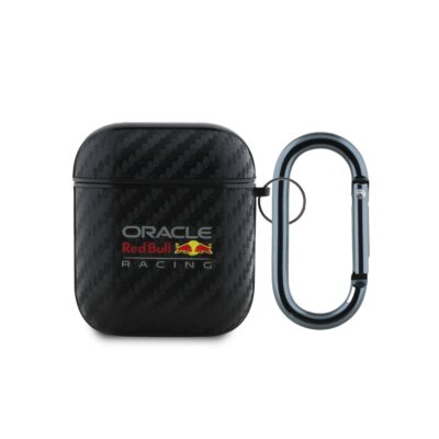 Juodas dėkas AirPods 1 2 Red Bull PU Carbon su anglies pluošto raštu ir metaliniu karabinu