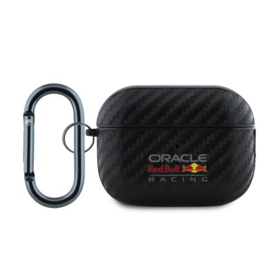 Juodas dėkas AirPods Pro 2 su Red Bull PU anglies pluošto raštu ir metaliniu karabinu