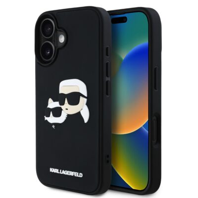 Juodas dėklas Karl Lagerfeld 3D Rubber Double Heads telefonui Apple iPhone 16 su animaciniu dizainu