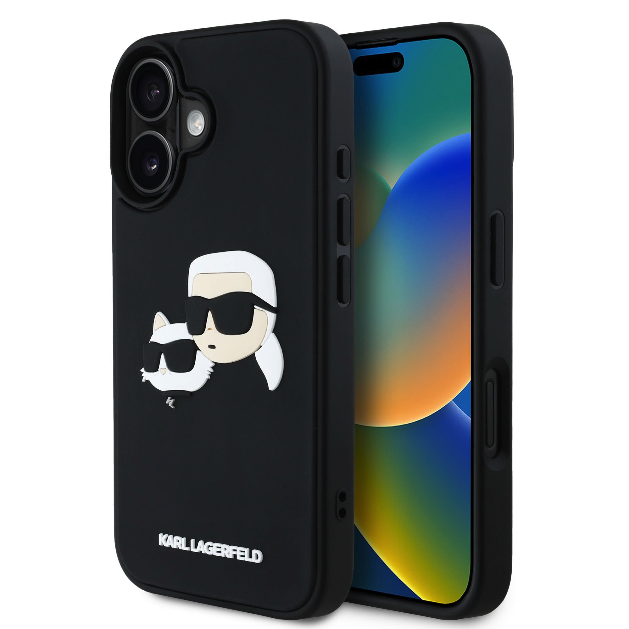 Juodas dėklas Karl Lagerfeld 3D Rubber Double Heads iPhone 16 Juodas dėklas Karl Lagerfeld 3D Rubber Double Heads telefonui Apple iPhone 16 su animaciniu dizainu