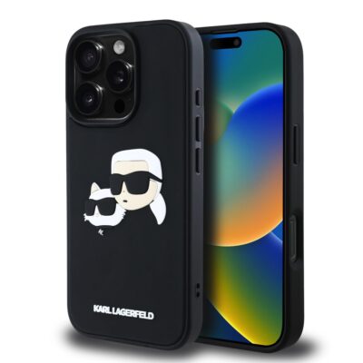 Juodas dėklas Karl Lagerfeld 3D Rubber Double Heads telefonui Apple iPhone 16 Pro Max su 3D lipdukais