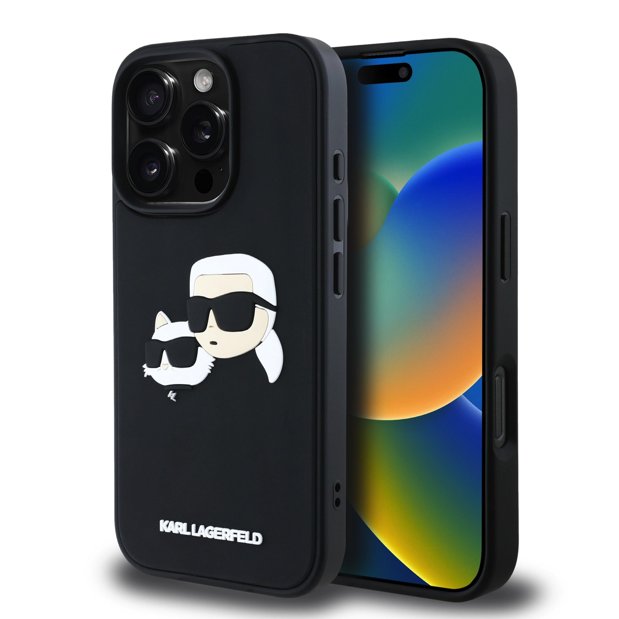 Juodas dėklas Karl Lagerfeld 3D Rubber Double Heads Juodas dėklas Karl Lagerfeld 3D Rubber Double Heads telefonui Apple iPhone 16 Pro Max su 3D lipdukais