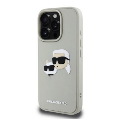 Beige dėklas Karl Lagerfeld 3D Rubber Double Heads telefonui Apple iPhone 16 Pro su iškiliu 3D paveikslėliu ir apsauga kameros zonai