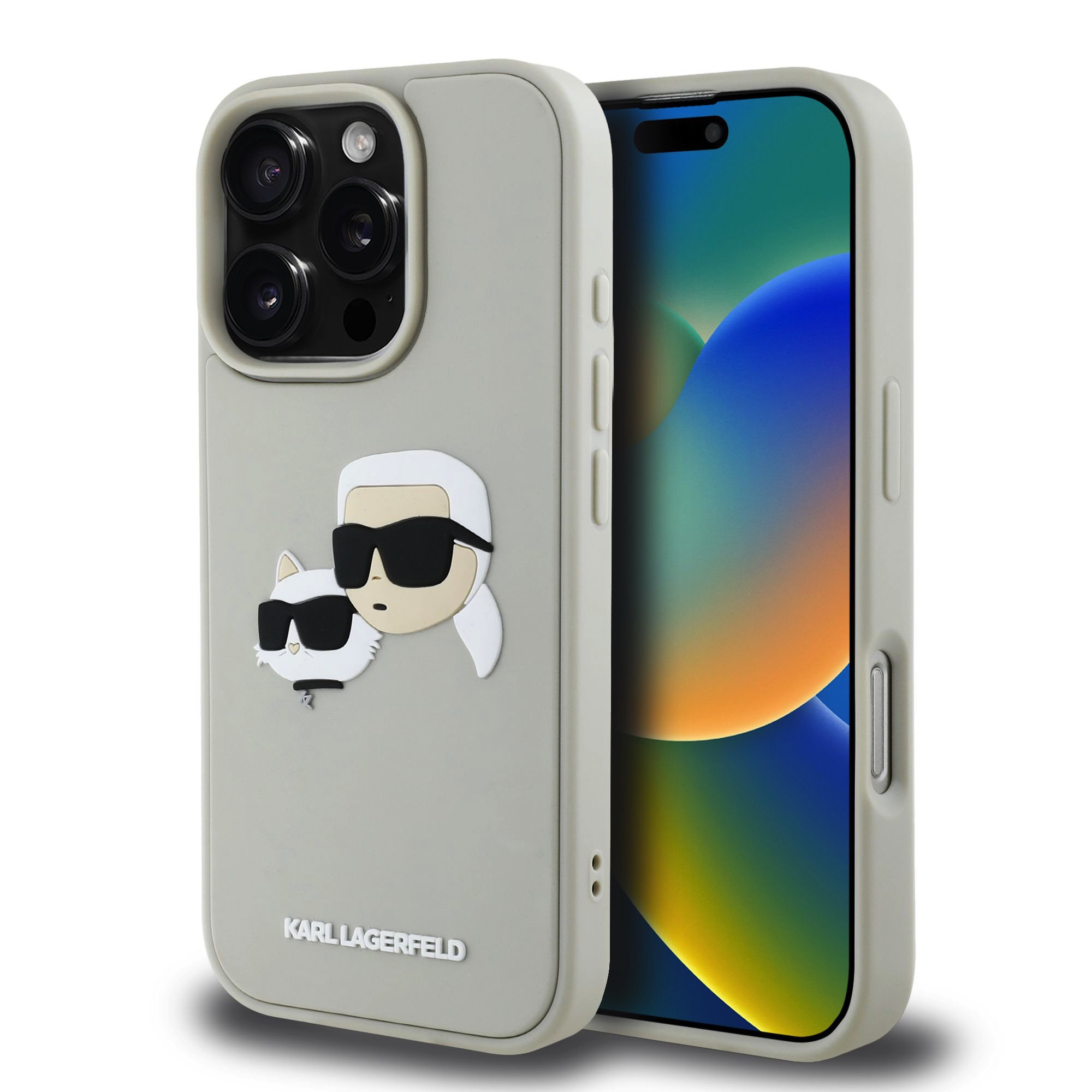 Beige dėklas Karl Lagerfeld 3D Rubber Double Heads telefonui Apple iPhone 16 Pro Max Beige dėklas Karl Lagerfeld 3D Rubber Double Heads telefonui Apple iPhone 16 Pro Max su dviem simboliais ir tamsiais akinias