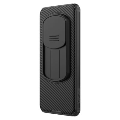 Juodas dėklas Honor Magic7 Pro Nillkin Camshield su kameros apsauga ir dryžuotu paviršiumi