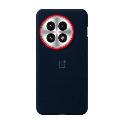Tamsiai mėlynas originalus dėklas OnePlus 13 Aramid Magnetic su raudonu apskritimu aplink kamerų modulį