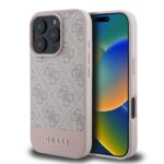 Rausvas originalus dėklas Guess PU 4G Stripe MagSafe telefonui Apple iPhone 16 Pro su tekstūru ir metaliniu logotipu