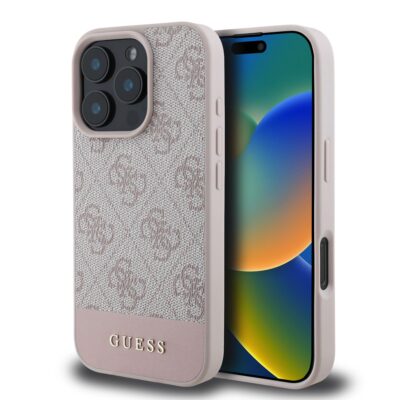Rausvas originalus dėklas Guess PU 4G Stripe MagSafe telefonui Apple iPhone 16 Pro su tekstūru ir metaliniu logotipu
