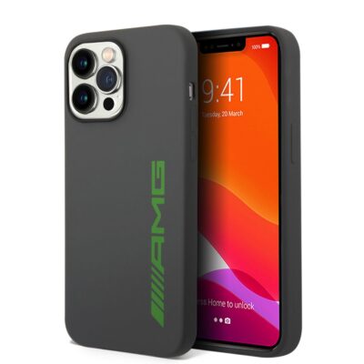 Pilkas originalus deklas AMG Liquid Silicone Green Logo telefonui Apple iPhone 14 Pro Max su zalia AMG logo