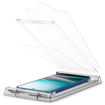 Apsauginis stiklas Samsung Galaxy S25 SPIGEN ELITE SHIELD EZ FIT HD matomas dedamas ant telefono su plastikiniu laikikliu