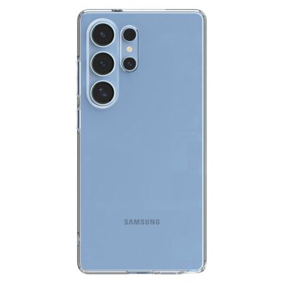 Skaidrus dėklas Samsung Galaxy S25 Ultra Spigen Liquid Crystal su matoma telefono mėlyna nugara ir trimis kameromis