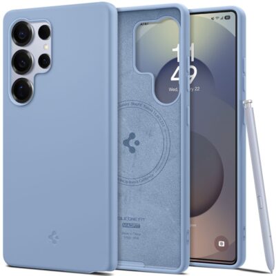 Mėlynas dėklas Samsung Galaxy S25 Ultra Spigen Silicone Fit Magsafe vaizdas iš priekinės ir galinės pusės su telefono stylusu