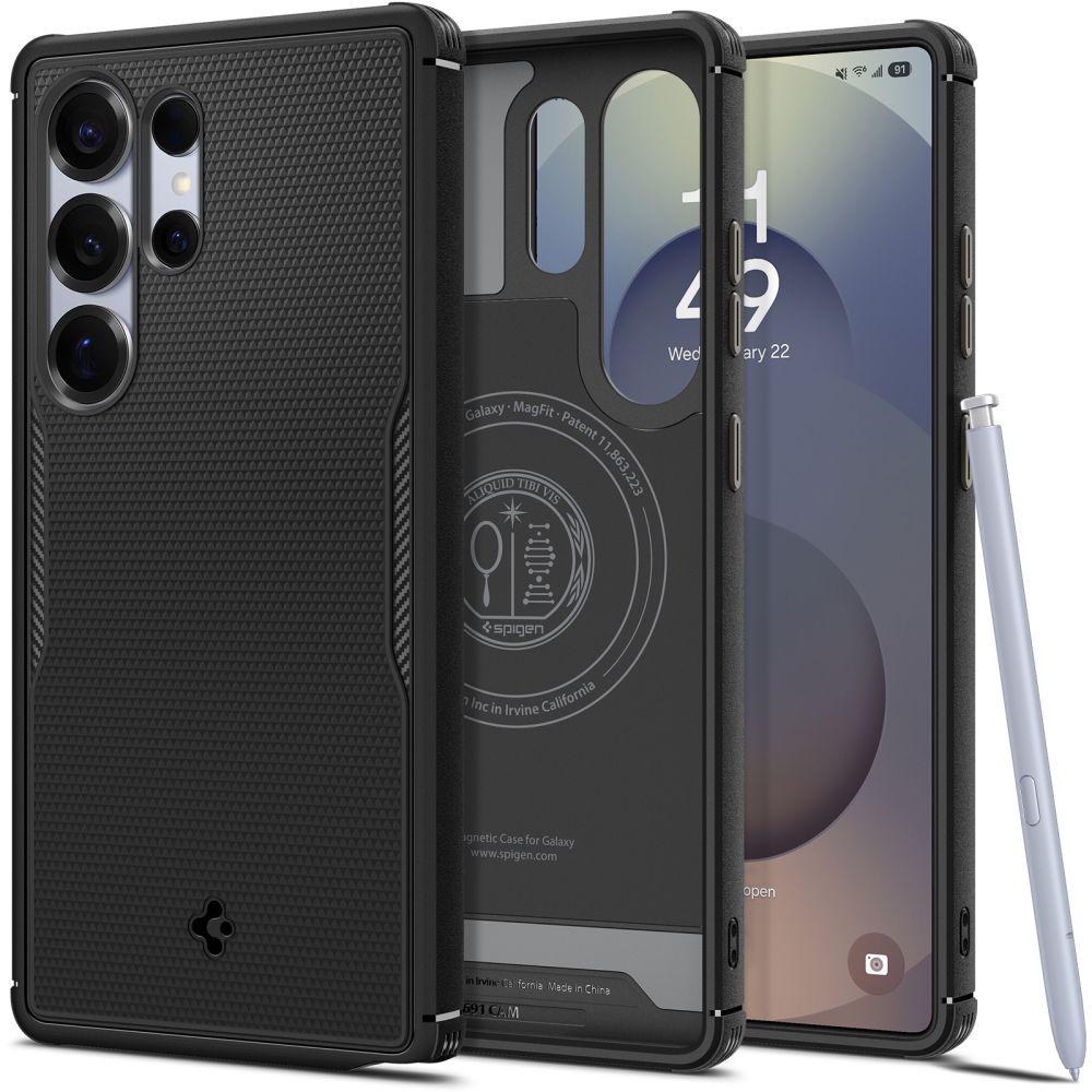 Juodas matinis dėklas Samsung Galaxy S25 Ultra Spigen Core Armor Mag Magsafe Juodas matinis dėklas Samsung Galaxy S25 Ultra Spigen Core Armor Mag Magsafe su tekstūruotu paviršiumi