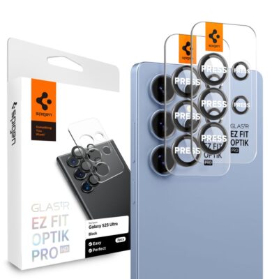 Juodas apsauginis stiklas galinei kamerai Samsung Galaxy S25 Ultra su Spigen Optik TR Ez Fit 2Pack pakuote
