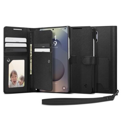 Juodas atverčiamas dėklas Samsung Galaxy S25 Ultra Spigen Wallet S su daugybe kortelių lizdų