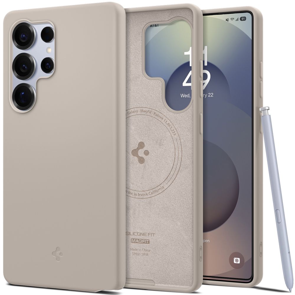 Titano spalvos dėklas Samsung Galaxy S25 Ultra Spigen Silicone Fit Magsafe Titano spalvos silikoninis dėklas Samsung Galaxy S25 Ultra su MagSafe funkcija ir apsaugine danga