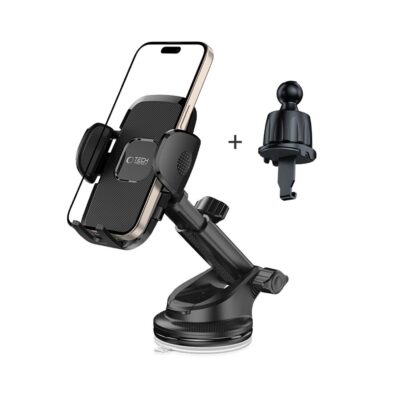 Juodas telefono laikiklis TECH-PROTECT V3 UNIVERSAL DASHBOARD & VENT CAR MOUNT su telefonu ir priedu automobilio ventiliatoriaus tvirtinimui