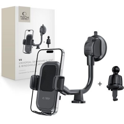Juodas telefono laikiklis TECH-PROTECT V8 universal long arm dashboard ir windshield car mount automobiliui