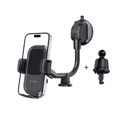 Juodas telefono laikiklis TECH-PROTECT V8 universal long arm dashboard ir windshield car mount su reguliuojamu rankos ilgiu