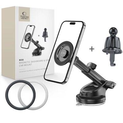 Juodas telefono laikiklis TECH-PROTECT N58 Magnetic Magsafe su tvirtinimu ant prietaisų skydelio ir ventiliacijos grotelių