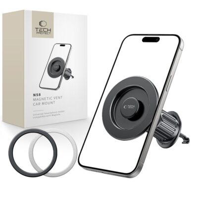 Juodas telefono laikiklis TECH-PROTECT N58 MAGNETIC MAGSAFE VENT CAR MOUNT automobiliui su dviem magnetiniais žiedais