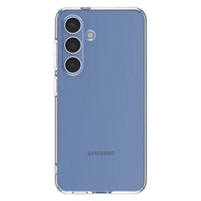 Skaidrus dėklas Samsung Galaxy S25 Plus Spigen Liquid Crystals su matomu mėlynu telefonu ir trimis kameros objektyvais