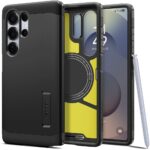 Juodas dėklas Samsung Galaxy S25 Ultra Spigen Tough Armor Magsafe su ištraukiama koja
