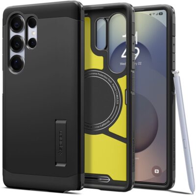 Juodas dėklas Samsung Galaxy S25 Ultra Spigen Tough Armor Magsafe su ištraukiama koja