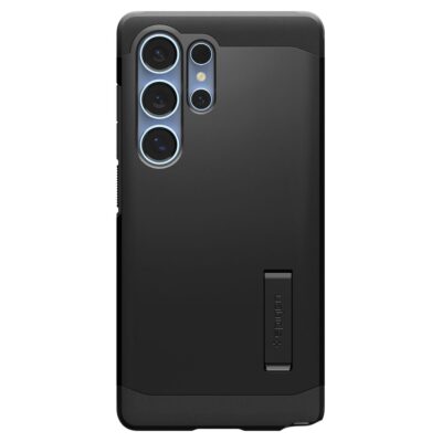 Juodas dėklas Samsung Galaxy S25 Ultra Spigen Tough Armor Magsafe su keturių kamerų skyriumi ir stoveliu