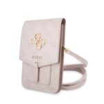 Rausvas krepšys Guess PU 4G Metal Logo Phone Bag su auksiniu logotipu ir ilgu dirželiu