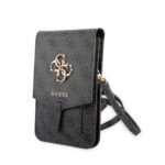 Pilkas krepšys Guess PU 4G Metal Logo Phone Bag su metaliniu auksinės spalvos logotipu ir ilgu dirželiu