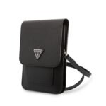 Juodas krepšys Guess PU Saffiano Triangle Logo Phone Bag su trikampiu logotipu ir ilga rankena.