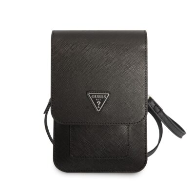 Juodas krepšys Guess PU Saffiano Triangle Logo Phone Bag su trikampiu logotipu priekyje