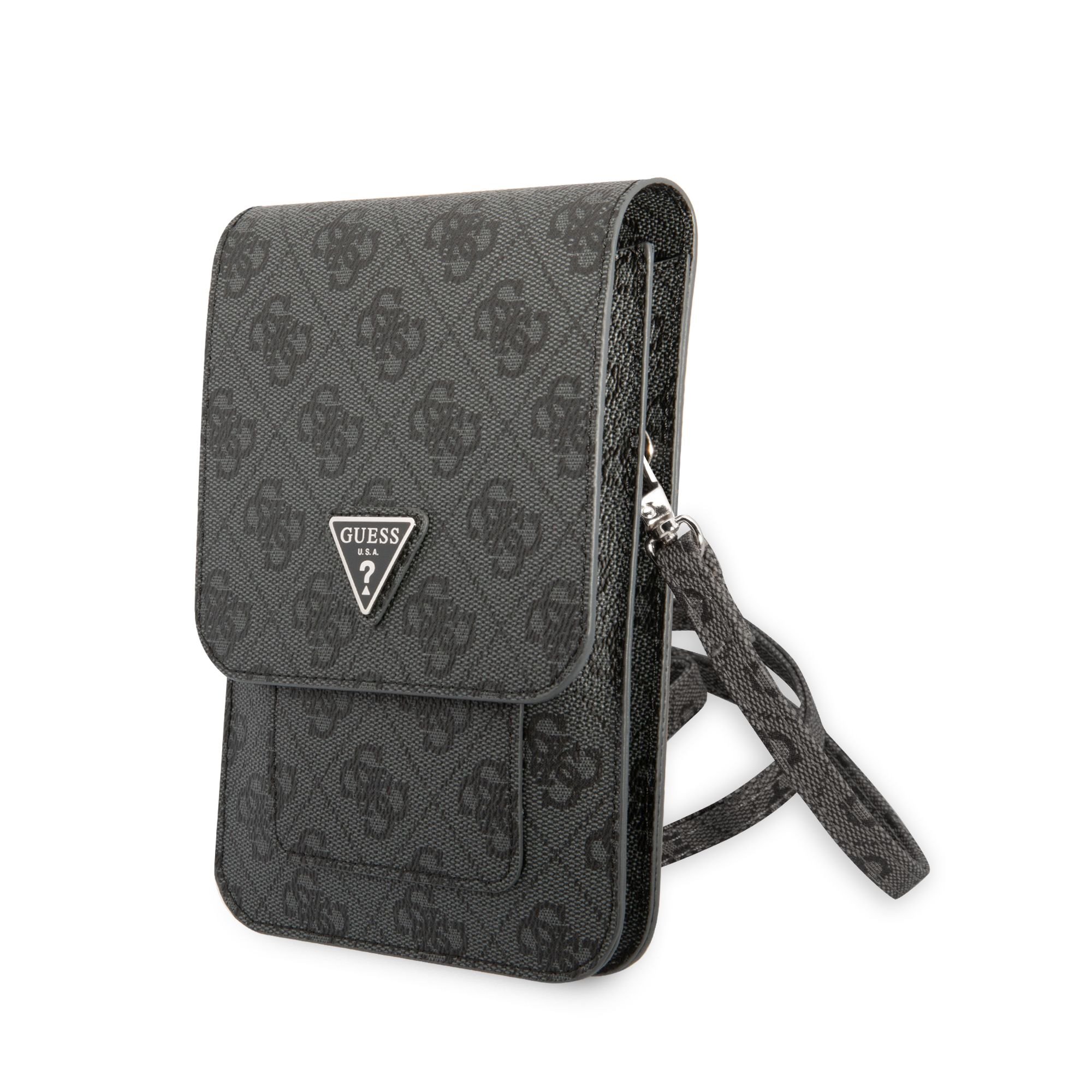 Juodas krepšys Guess PU 4G Triangle Logo Phone Bag Juodas krepšys Guess PU 4G Triangle Logo Phone Bag su raštu ir trikampe logotipu