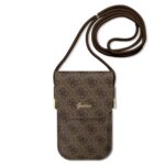Rudas universalus krepšys telefonui Guess PU 4G metal logo script phone bag su ilgu tamsiai rudos spalvos dirželiu