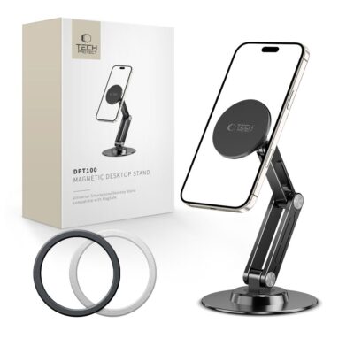 Juodas stovas TECH-PROTECT DPT100 universal magnetic magsafe phone desktop stand su telefonu ir pakuote