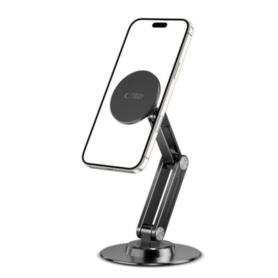 Juodas stovas TECH-PROTECT DPT100 UNIVERSAL MAGNETIC MAGSAFE PHONE DESKTOP STAND su mobiliojo telefono laikikliu