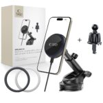 Juodas telefono laikiklis su pakrovimu TECH-PROTECT MM15W-V4 su magnetiniu tvirtinimu prie ventiliacijos ir prietaisu skydelio