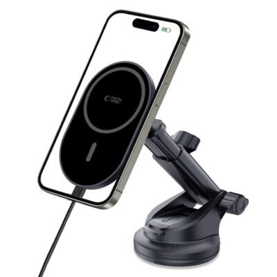 Juodas telefono laikiklis su pakrovimu TECH-PROTECT MM15W-V6 magnetic magsafe ant prietaisu skydelio ir ventiliacijos lizdo