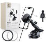 Juodas telefono laikiklis su pakrovimu TECH-PROTECT MM15W-V5 magnetinis laisva ranka naudojimui automobilyje