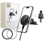 Juodas telefono laikiklis su pakrovimu Tech-Protect MM15W-V5 magnetiniu laikikliu ir ventiliatoriaus tvirtinimu