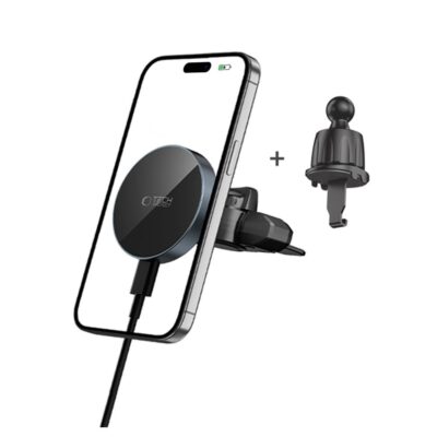 Juodas telefono laikiklis su pakrovimu TECH-PROTECT MM15W-V5 magnetic magsafe CD ir ventiliatoriaus tvirtinimas