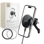 Juodas telefono laikiklis su pakrovimu TECH-PROTECT MM15W-V5 magnetinis laikiklis ir bevielis kroviklis