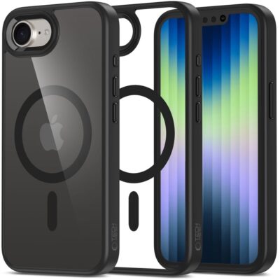 Juodas-skaidrus dėklas Apple Iphone SE 2025 Tech-Protect Magmat Magsafe su matiniu juodos spalvos kraštu ir skaidria nugarėle