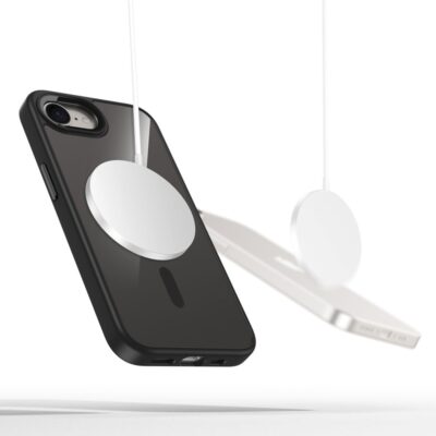 Juodas-skaidrus dėklas Apple Iphone SE 2025 su MagSafe įkrovikliu pritvirtintu prie nugarėlės